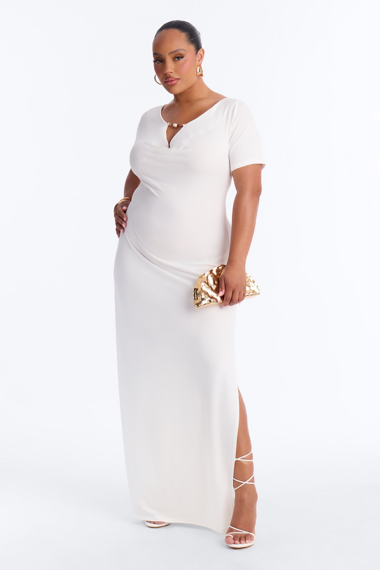 Angelica Beaded Cowl Neck Maxi Dress - White
