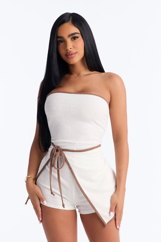 Dominique Strapless Tie Waist Skort Romper - Ivory
