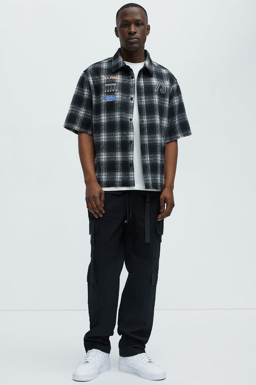 All Star Plaid Button Down Cropped Short Sleeve Shirt - Black/combo