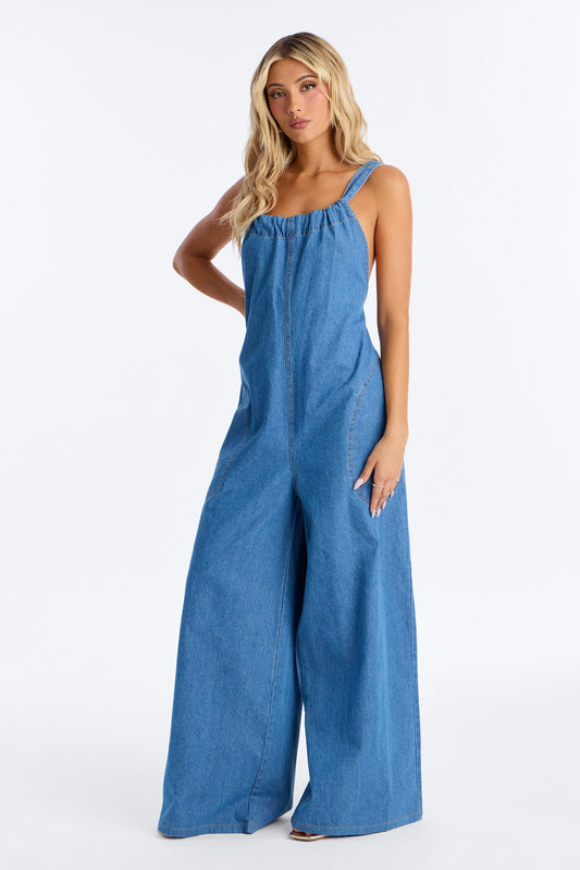 Back Tie Blues Wide Leg Jumpsuit - Medium Wash