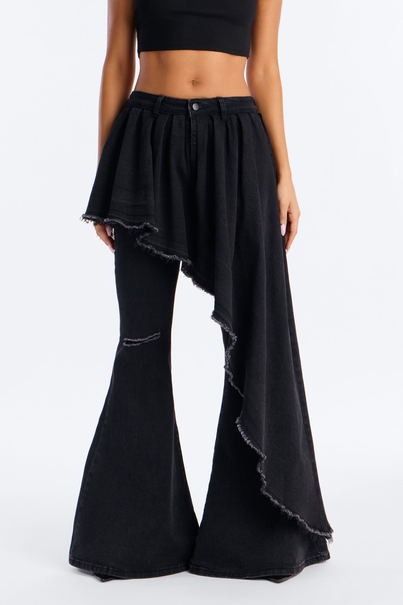 Attachment Issues Skirt Layer Ripped Stretch Flare Jeans - Black Wash