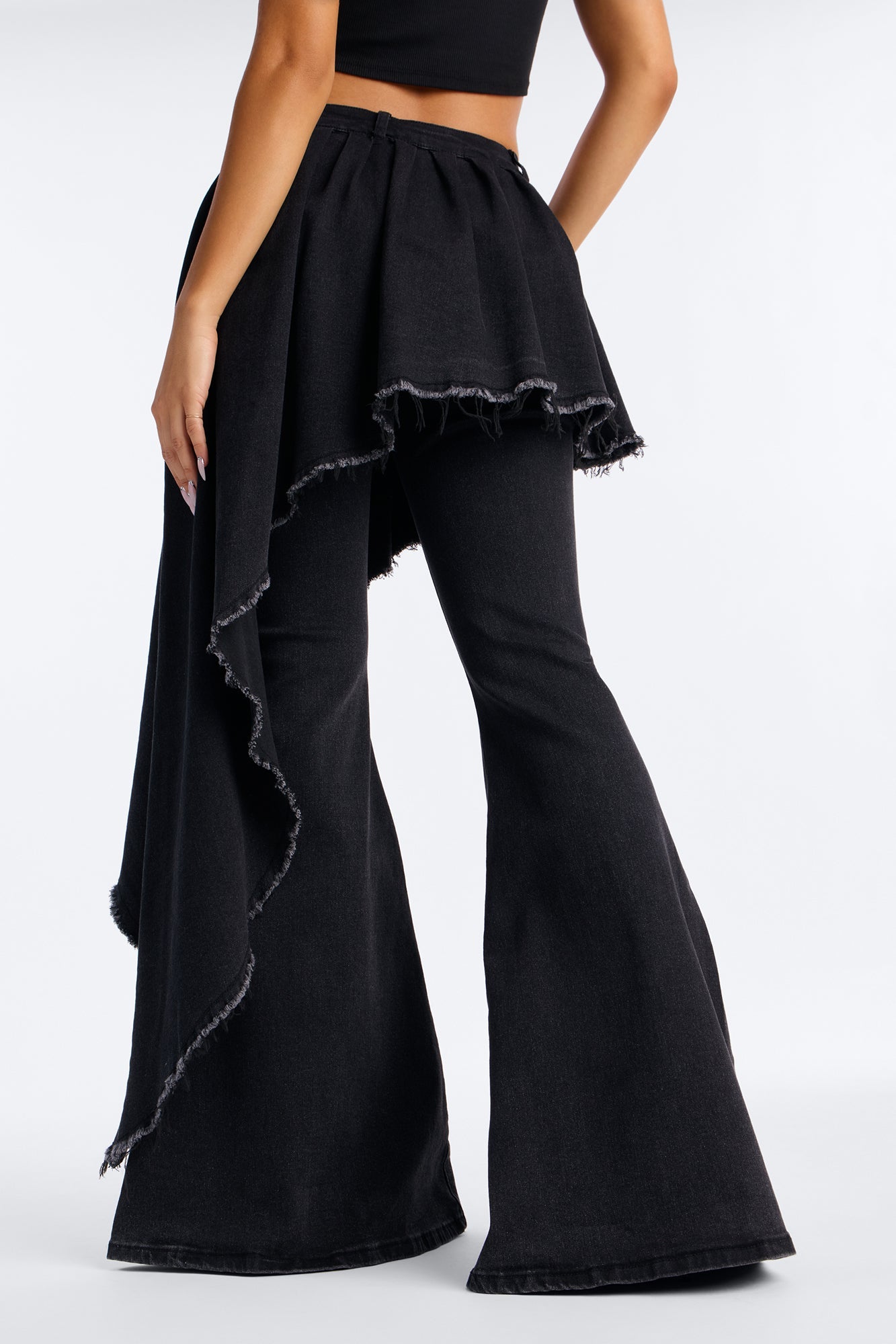 Attachment Issues Skirt Layer Ripped Stretch Flare Jeans - Black Wash