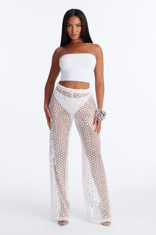 Zuri Low Rise Crochet Sequin Wide Leg Pant - White