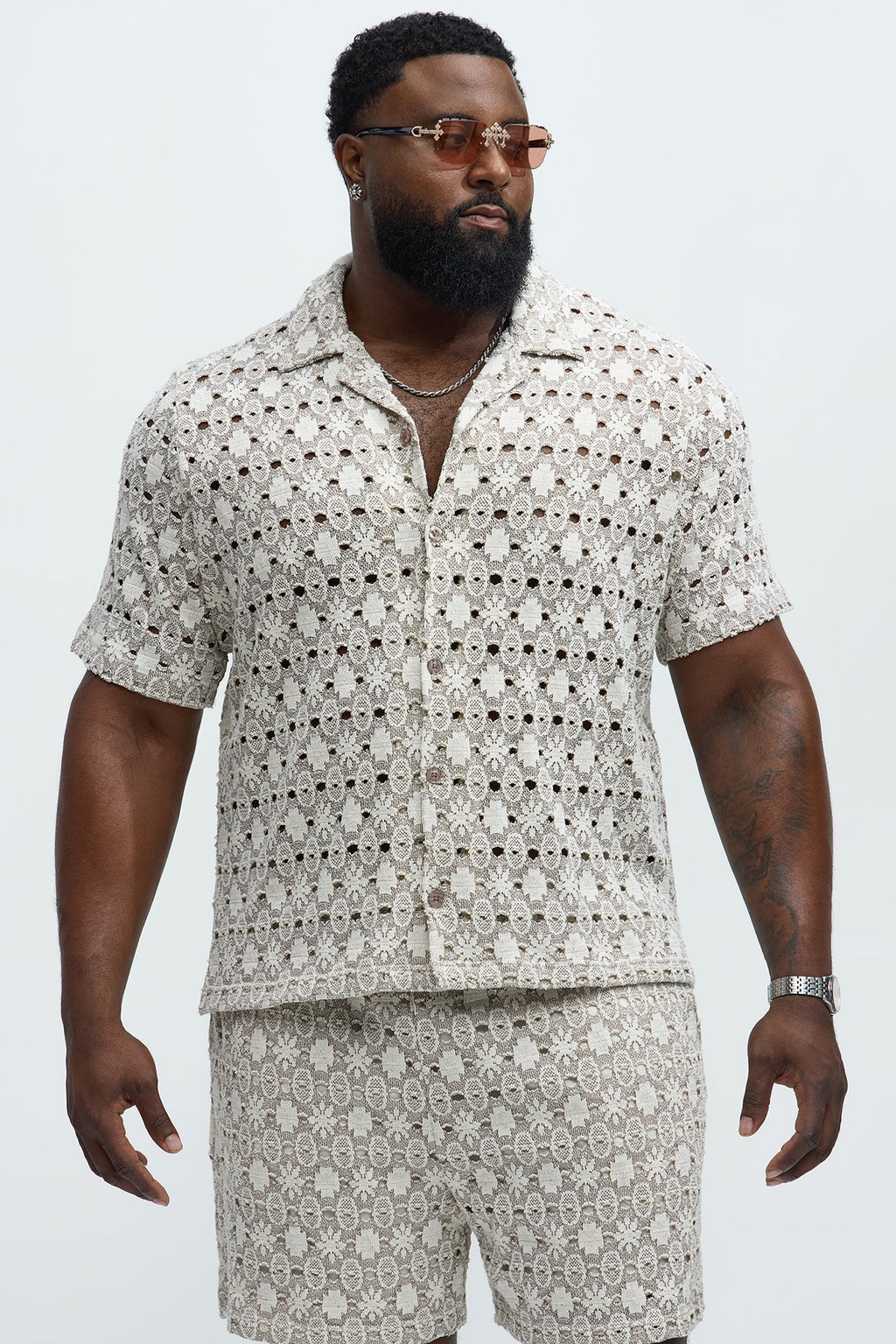 Patterned Open Knit Button Down Shirt - Cream/combo