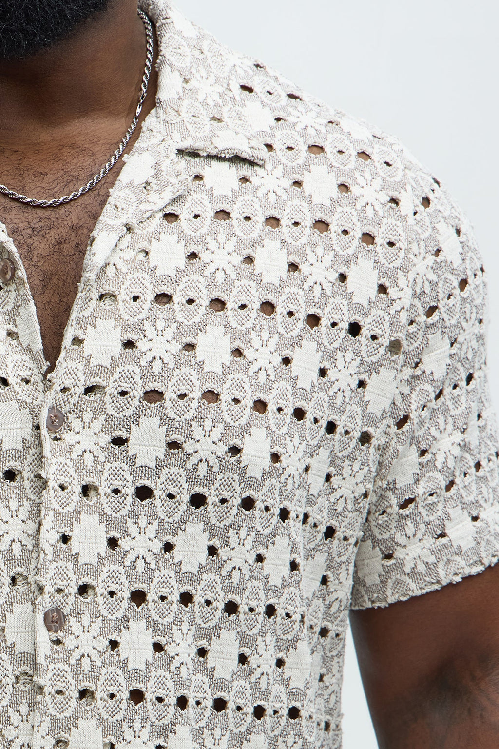 Patterned Open Knit Button Down Shirt - Cream/combo