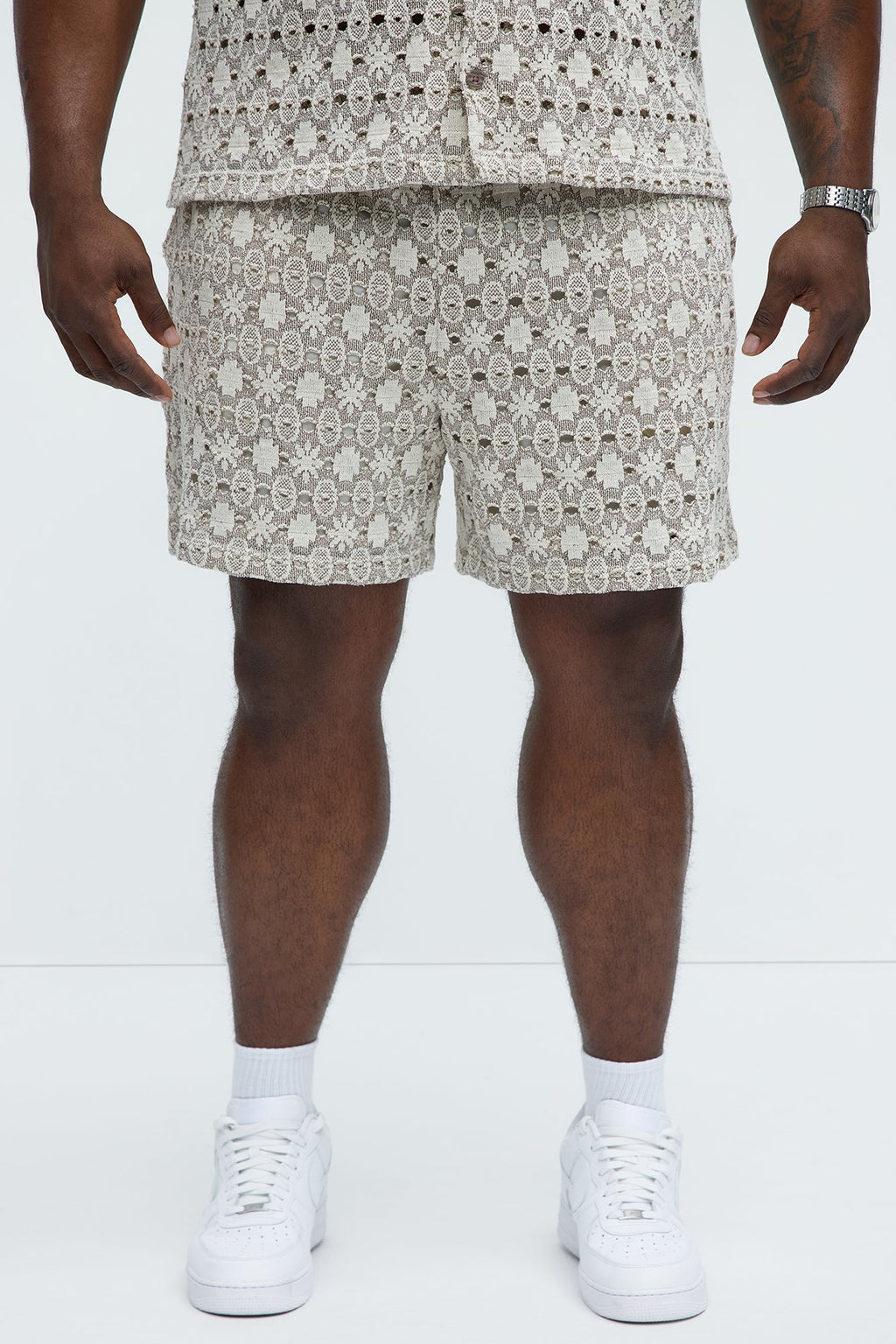 Patterned Open Knit Shorts - Cream/combo