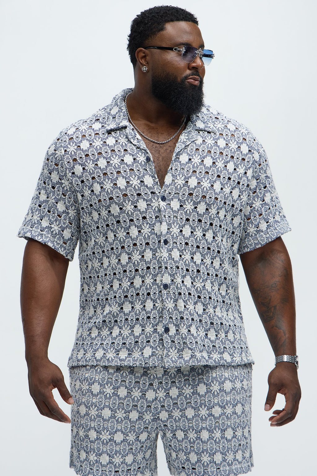 Patterned Open Knit Button Down Shirt - Blue/combo