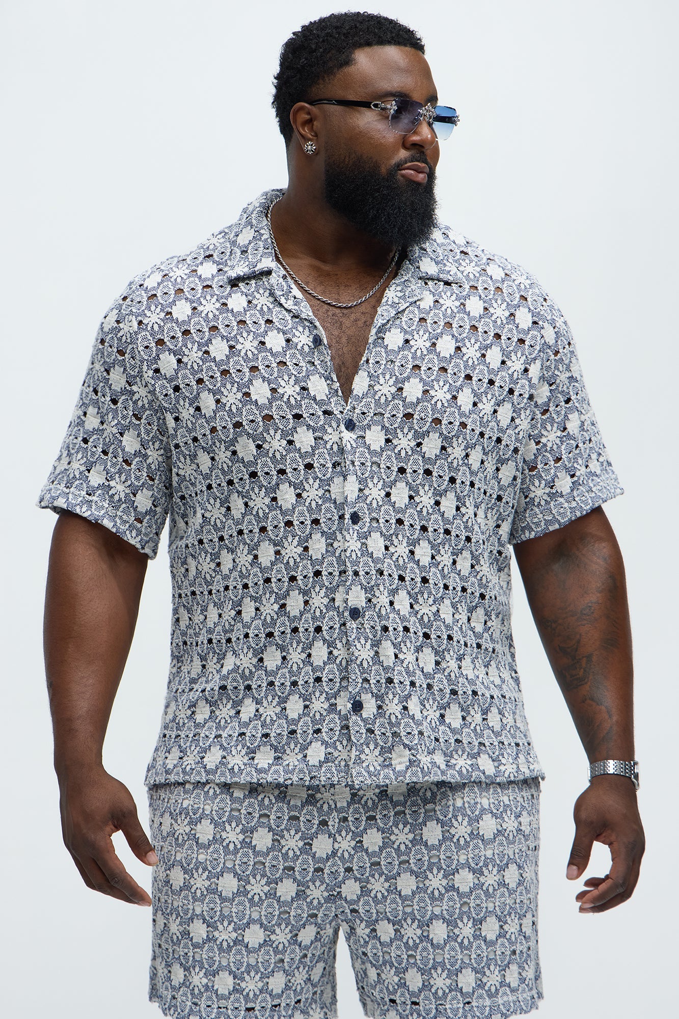 Patterned Open Knit Button Down Shirt - Blue/combo