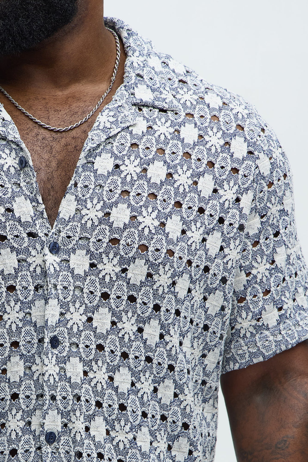 Patterned Open Knit Button Down Shirt - Blue/combo
