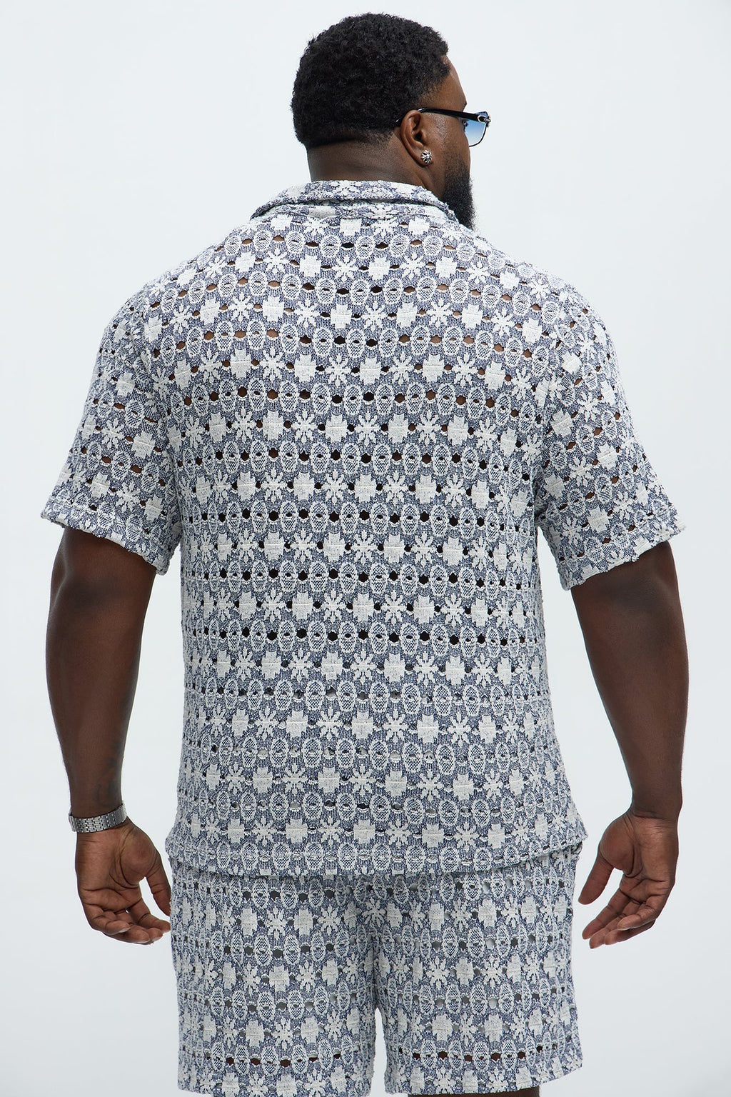 Patterned Open Knit Button Down Shirt - Blue/combo