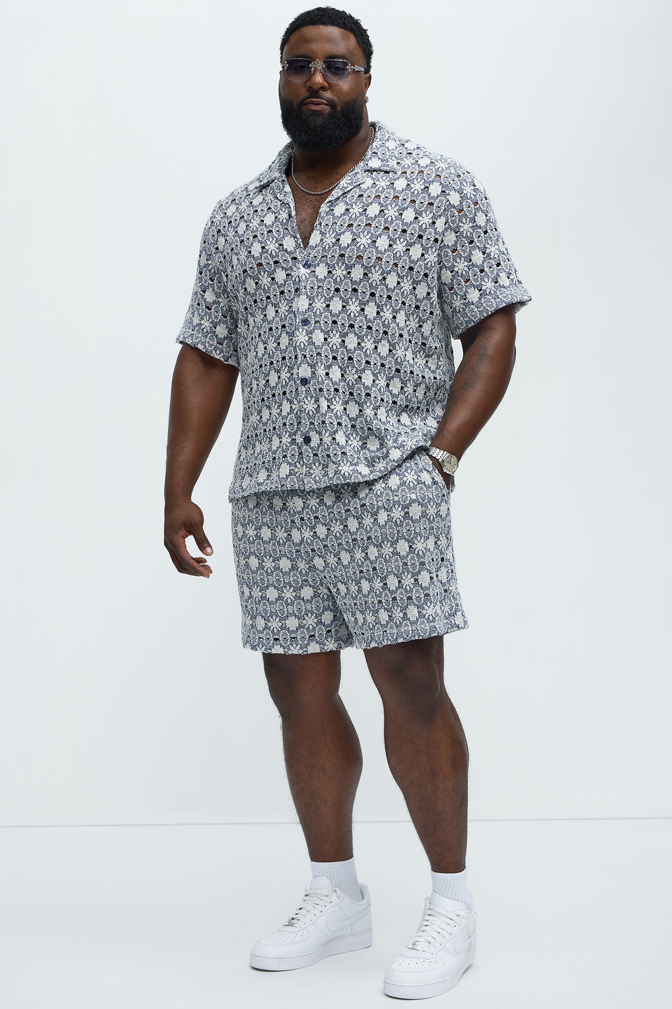 Patterned Open Knit Button Down Shirt - Blue/combo