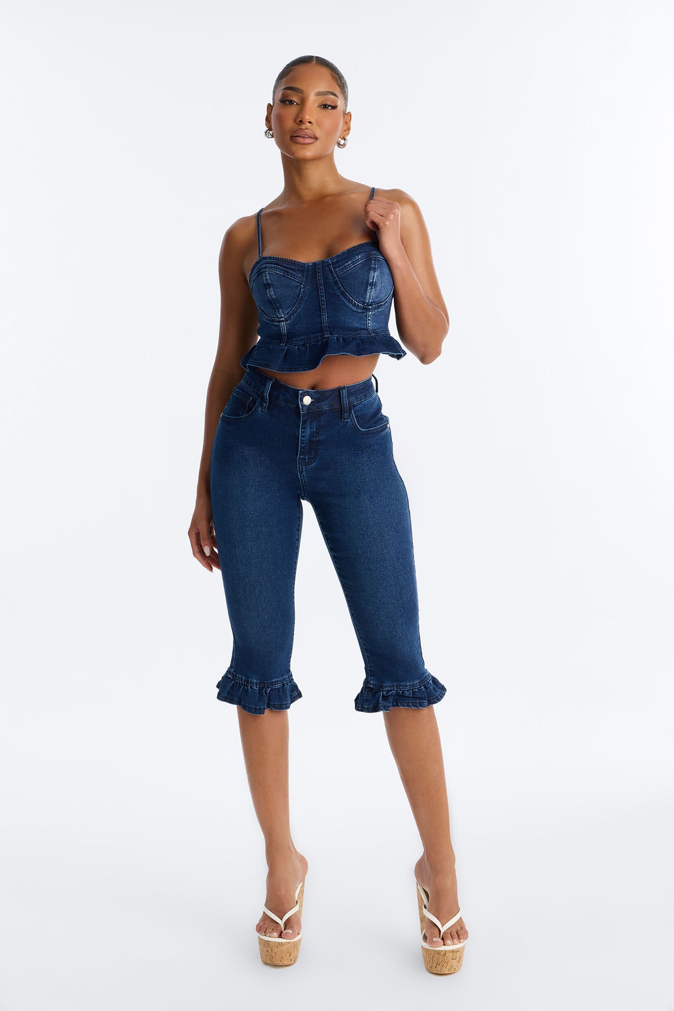Steal The Show Ruffle Denim Bustier Tank - Dark Wash