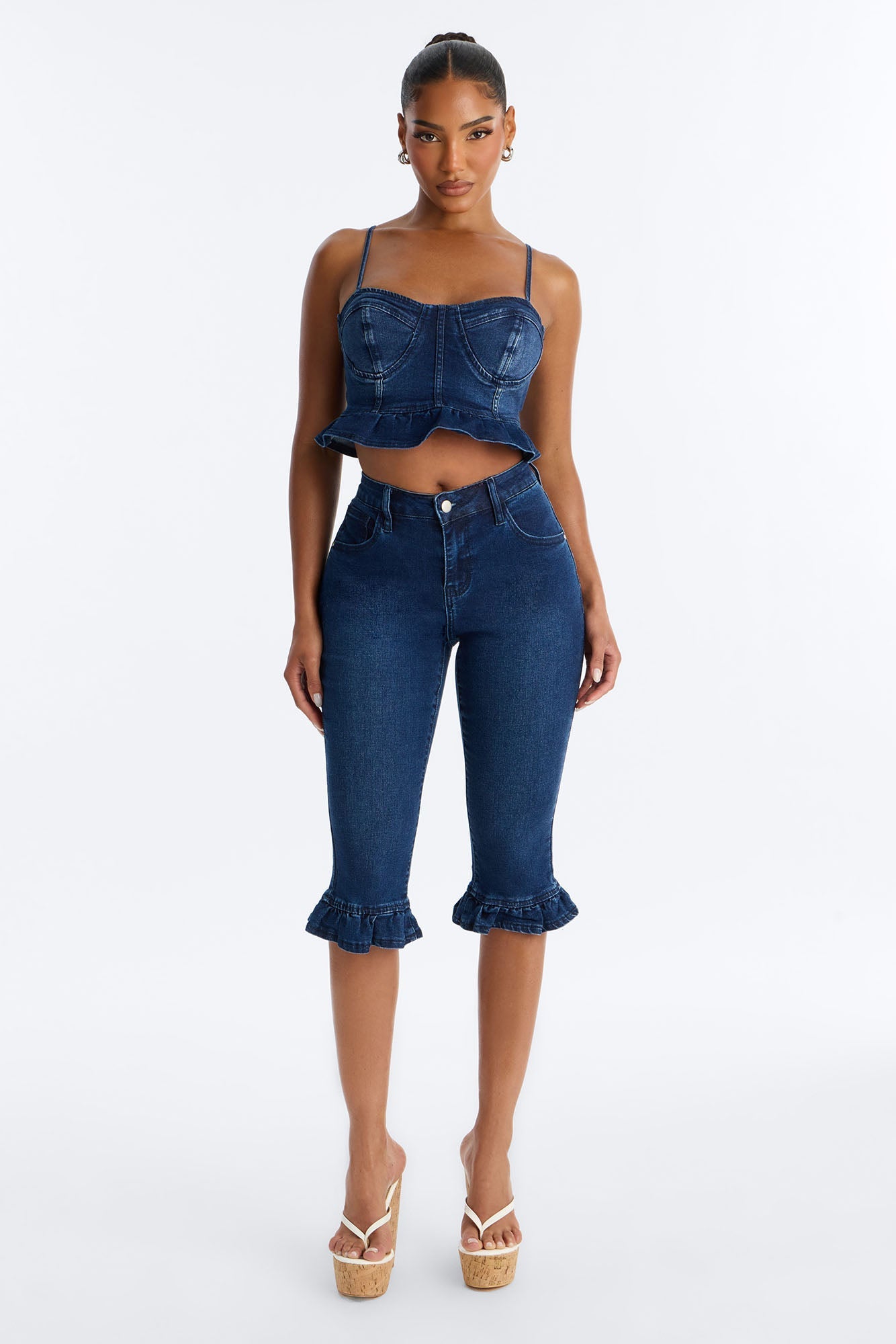 Steal The Show Ruffle Denim Capris - Dark Wash