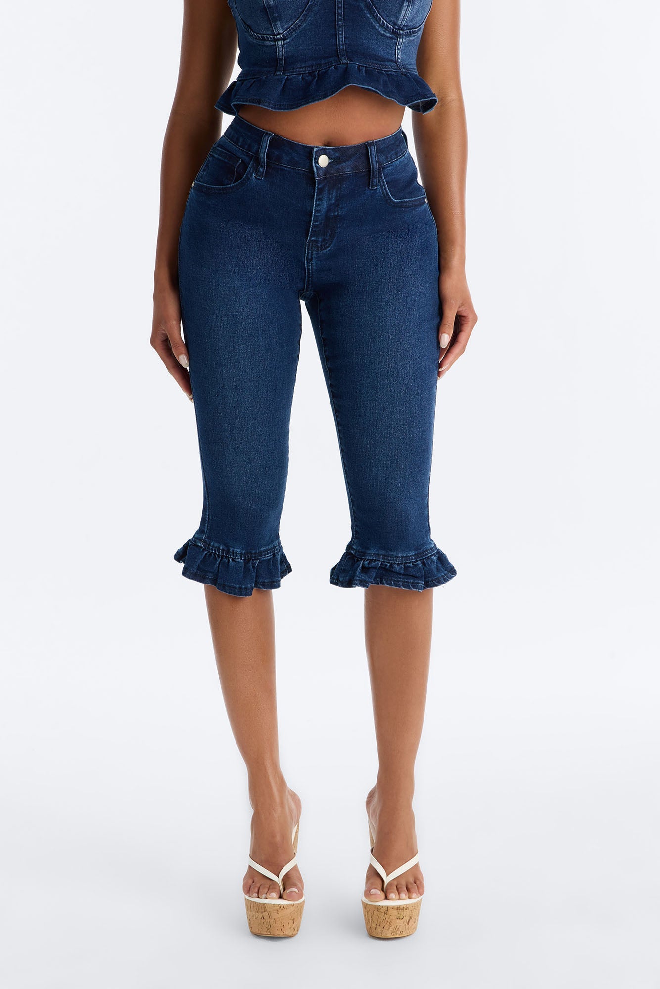 Steal The Show Ruffle Denim Capris - Dark Wash