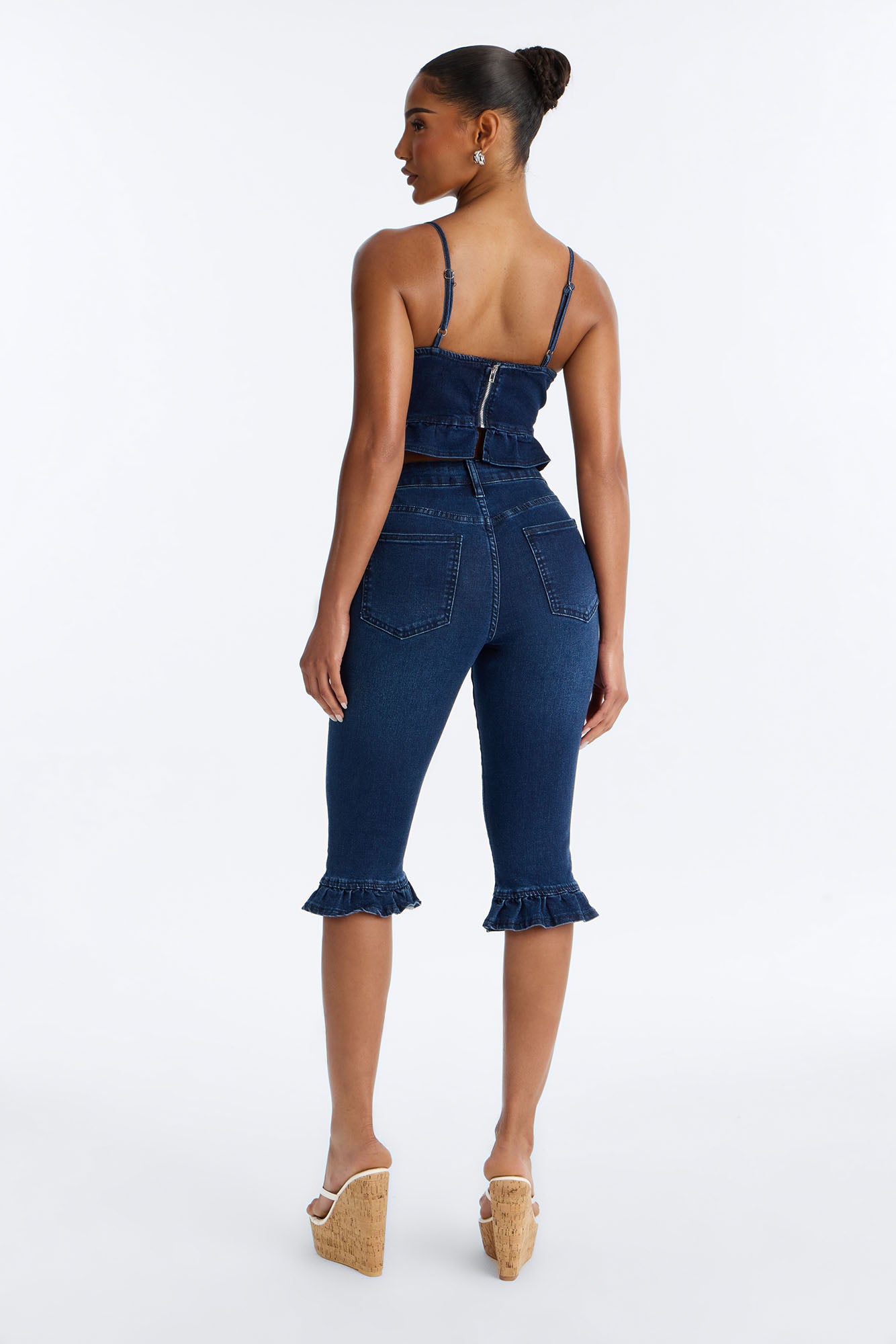 Steal The Show Ruffle Denim Capris - Dark Wash