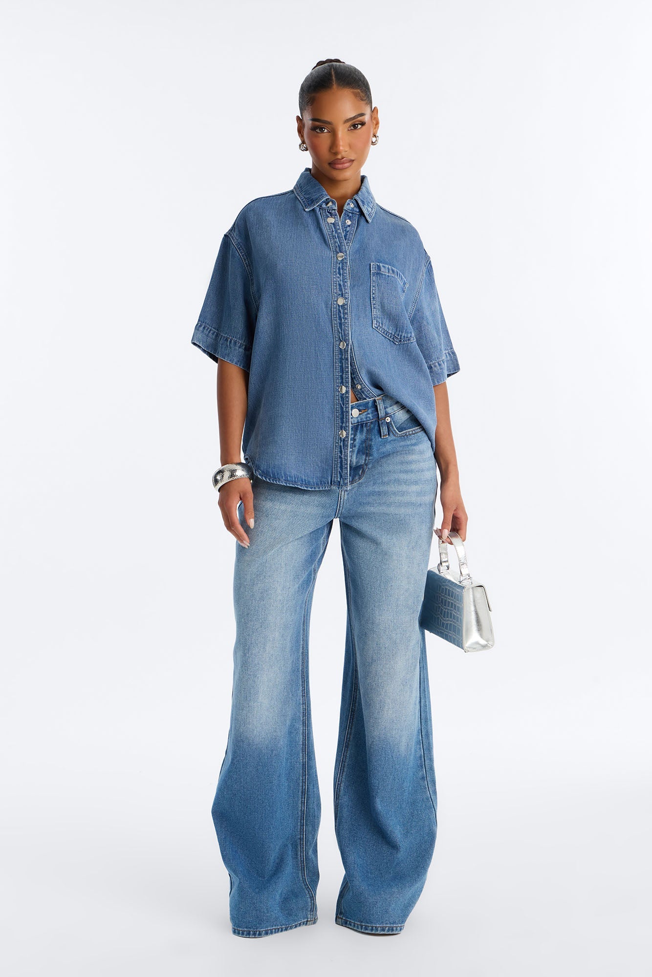 Elevated Casual Oversized Denim Shirt - Medium Wash