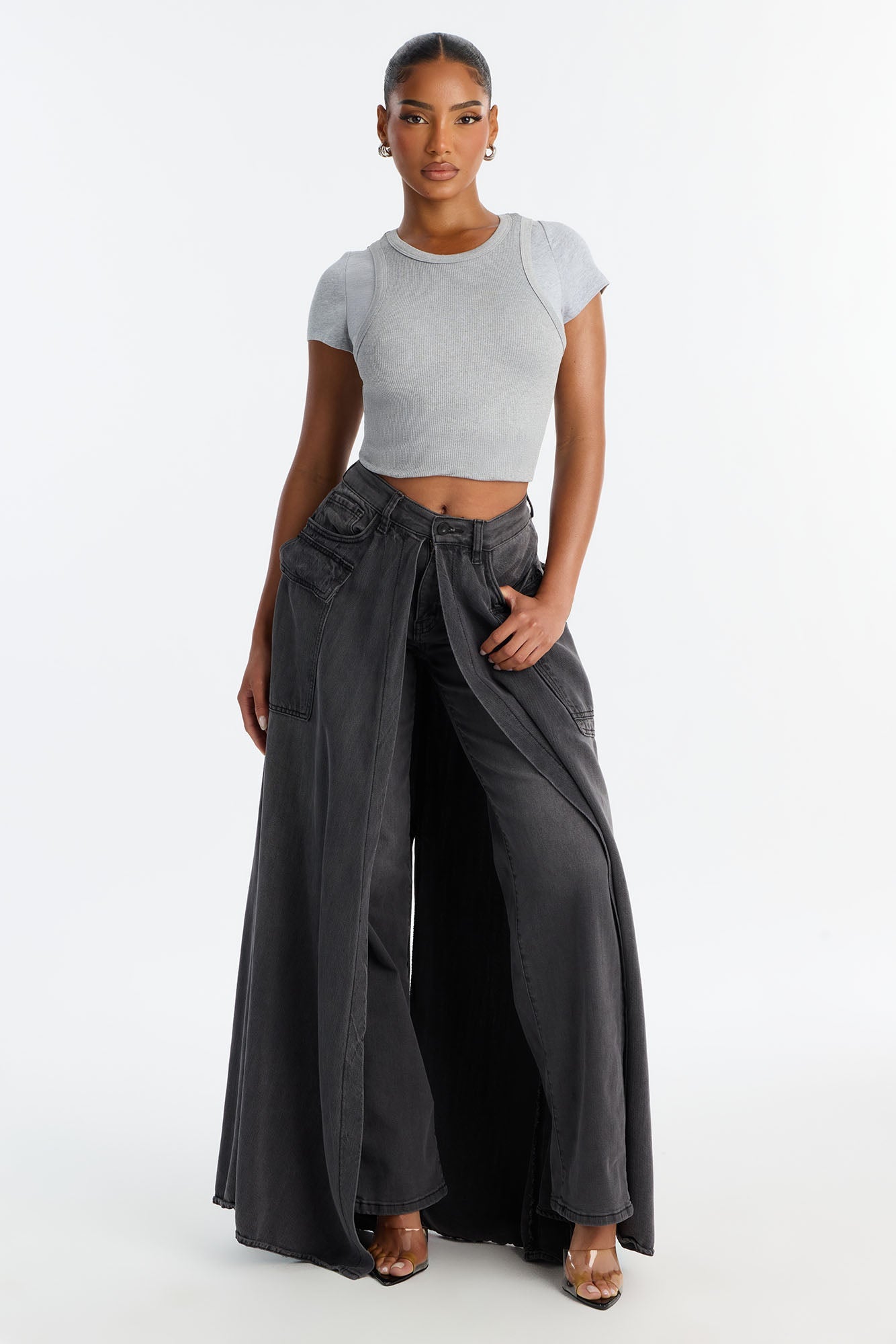 Lost It Cargo Overlay Straight Leg Jeans - Black Wash