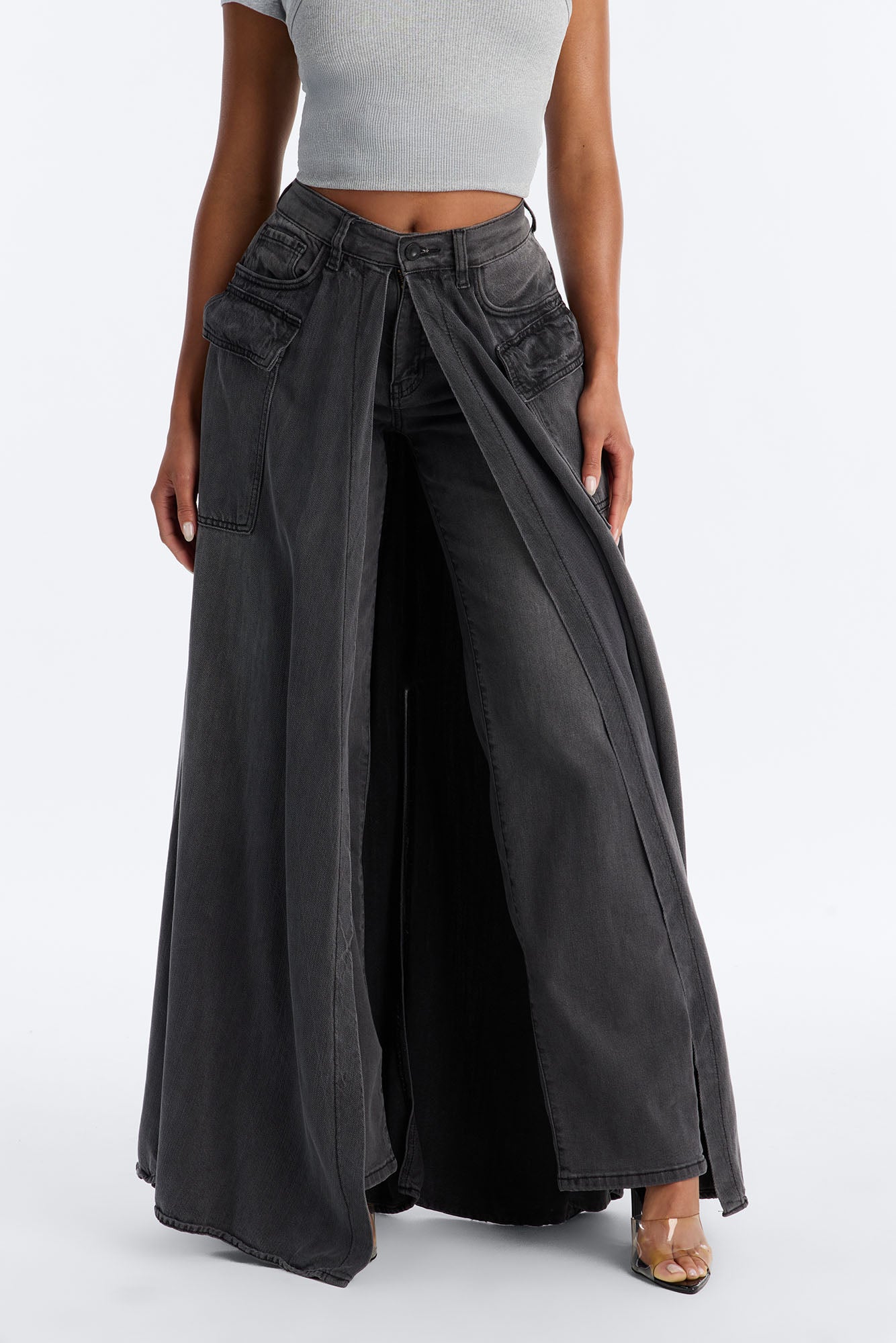 Lost It Cargo Overlay Straight Leg Jeans - Black Wash