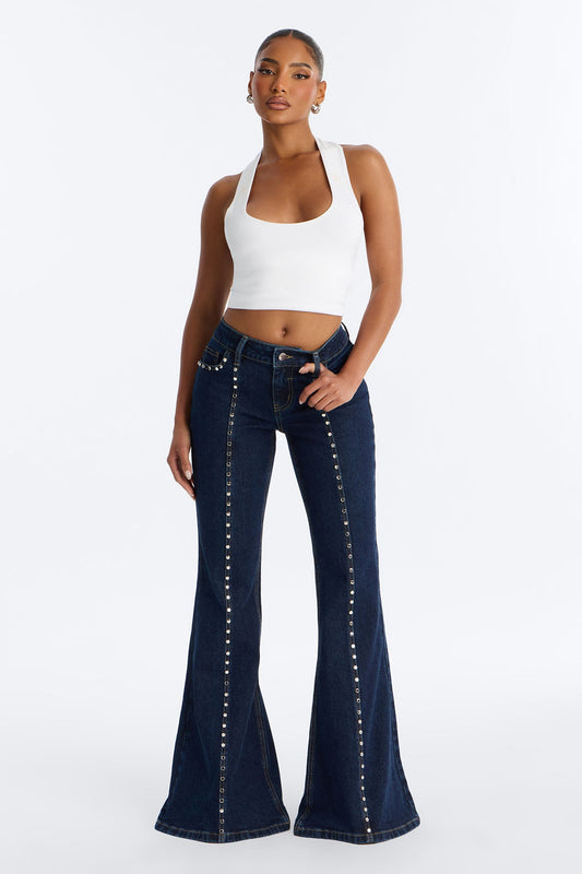 Nashville Low Rise Studded Stretch Flare Jeans - Dark Wash