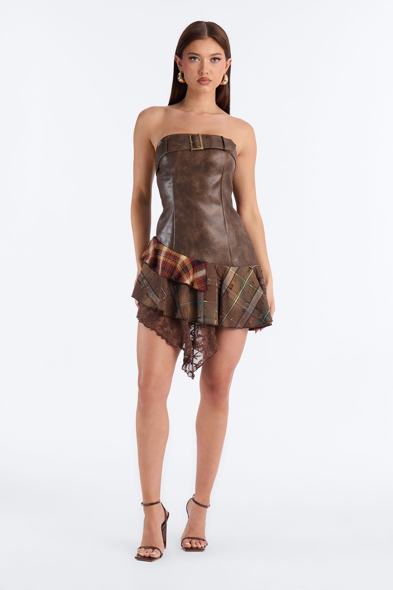 Take A Ride Asymmetrical Faux Leather Mini Dress - Brown/combo