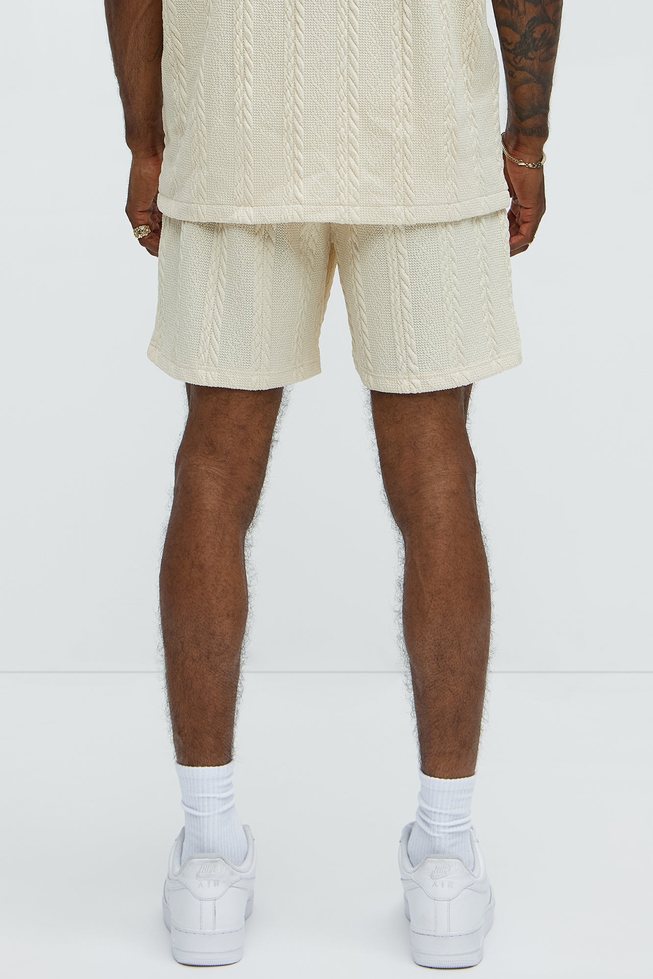 Textured Stripes Relaxed Drawstring Shorts - Cream