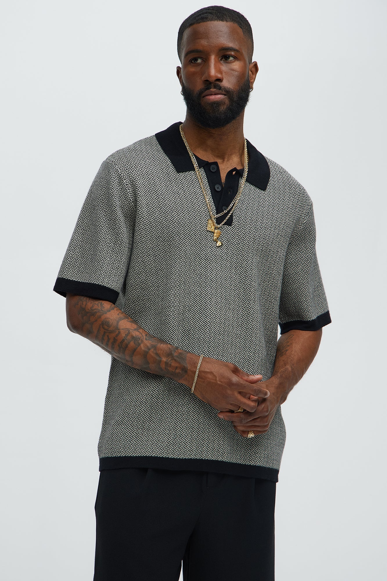 Harry Herringbone Button Down Sweater Polo - Black/combo