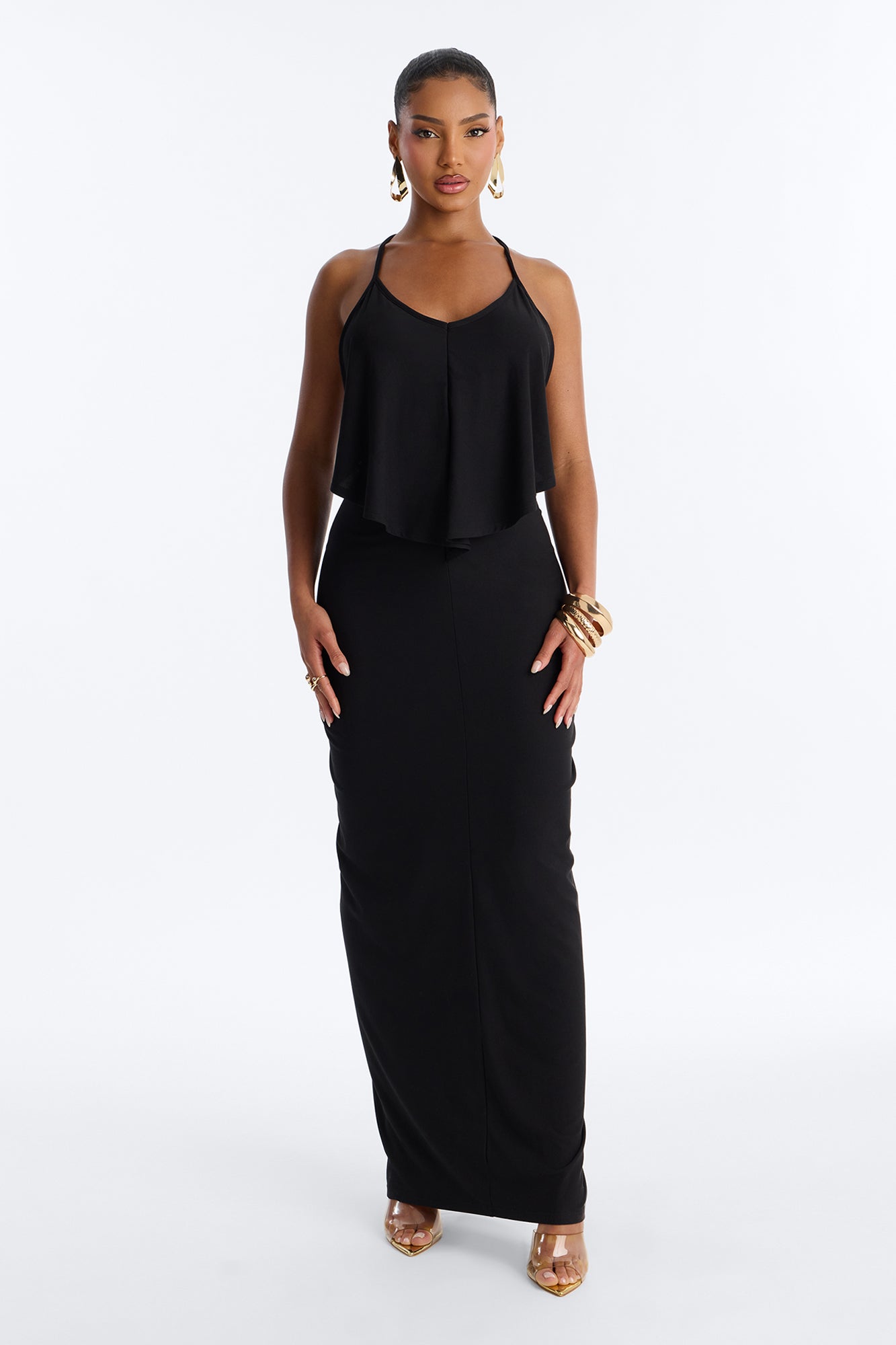 Selena Backless Drape Maxi Dress - Black