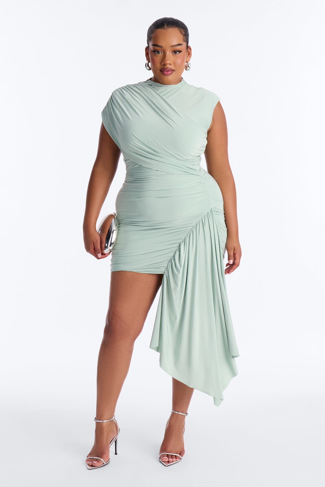 Veronica Ruched Draped Mini Dress - Sage