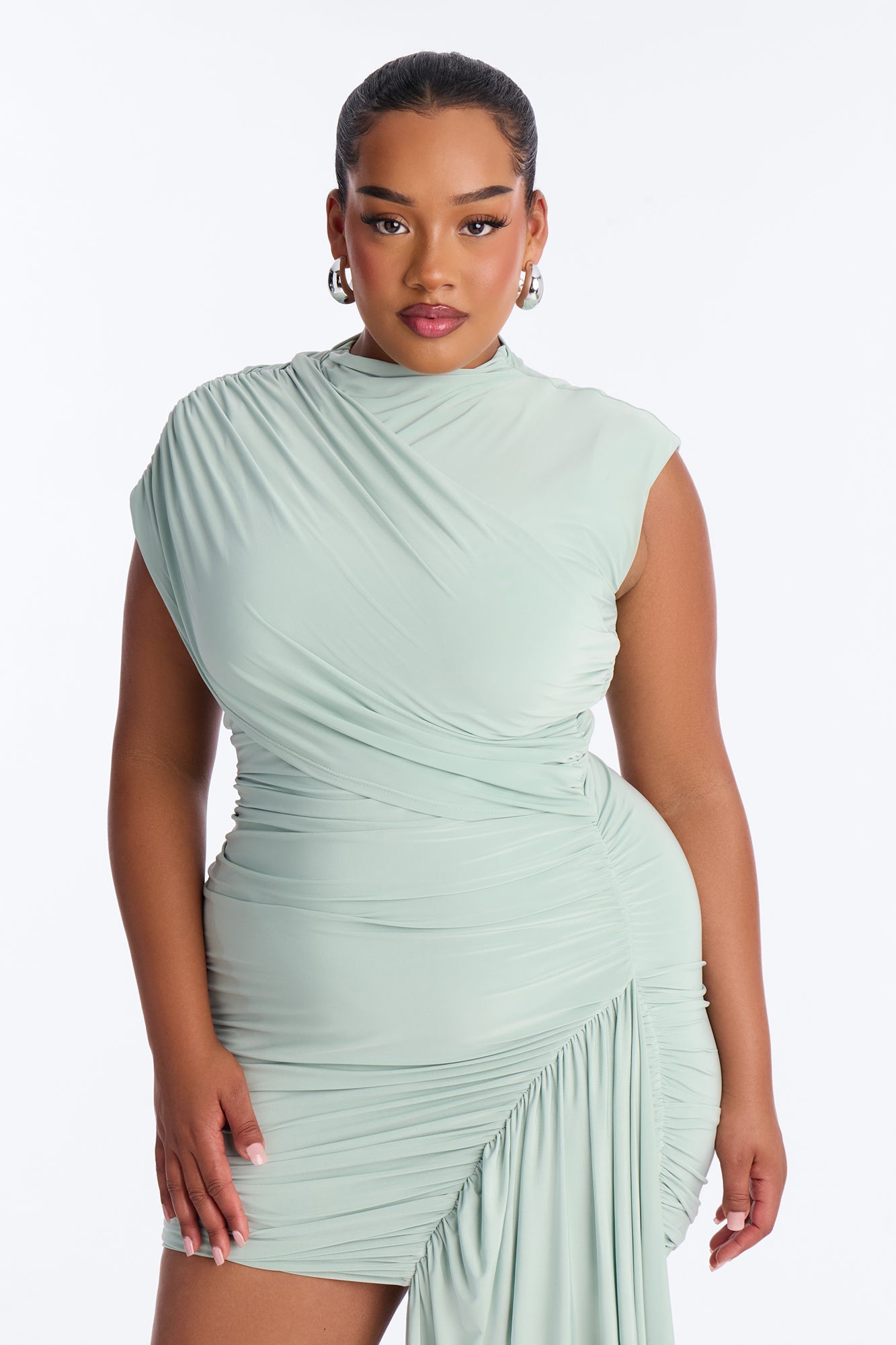 Veronica Ruched Draped Mini Dress - Sage