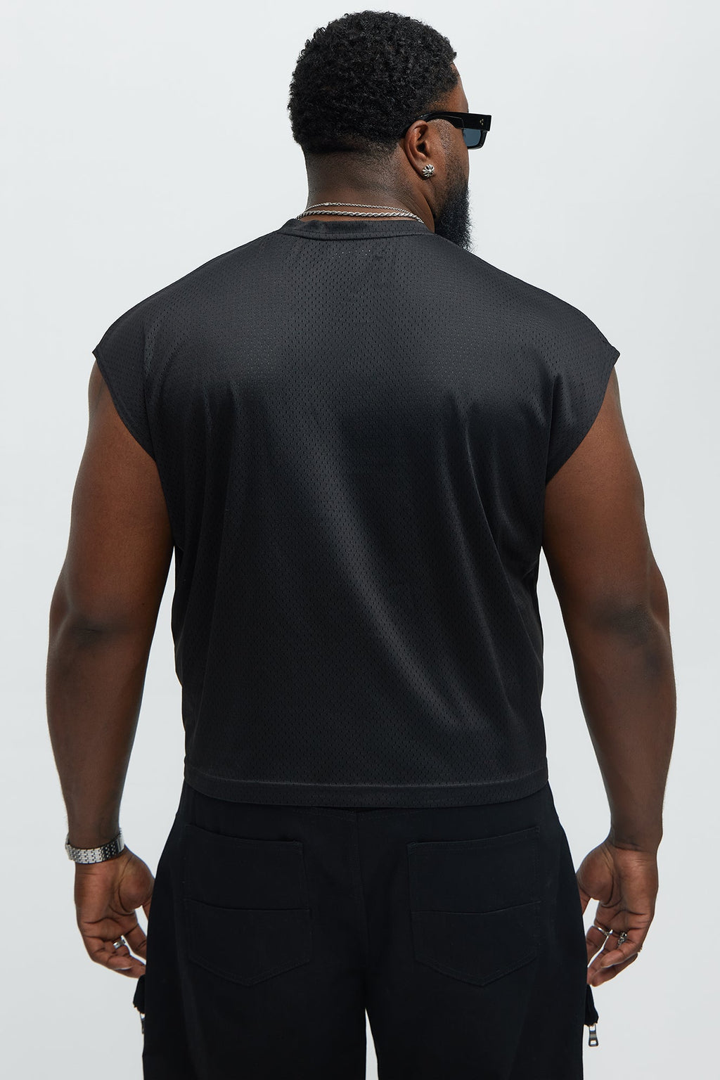 Boxy Mesh Sleeveless Muscle Tee - Black