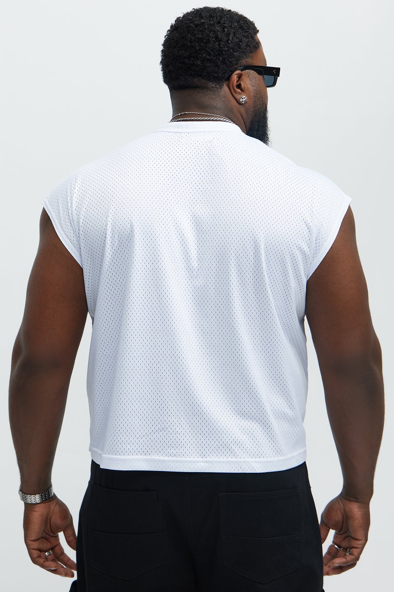Boxy Mesh Sleeveless Muscle Tee - White