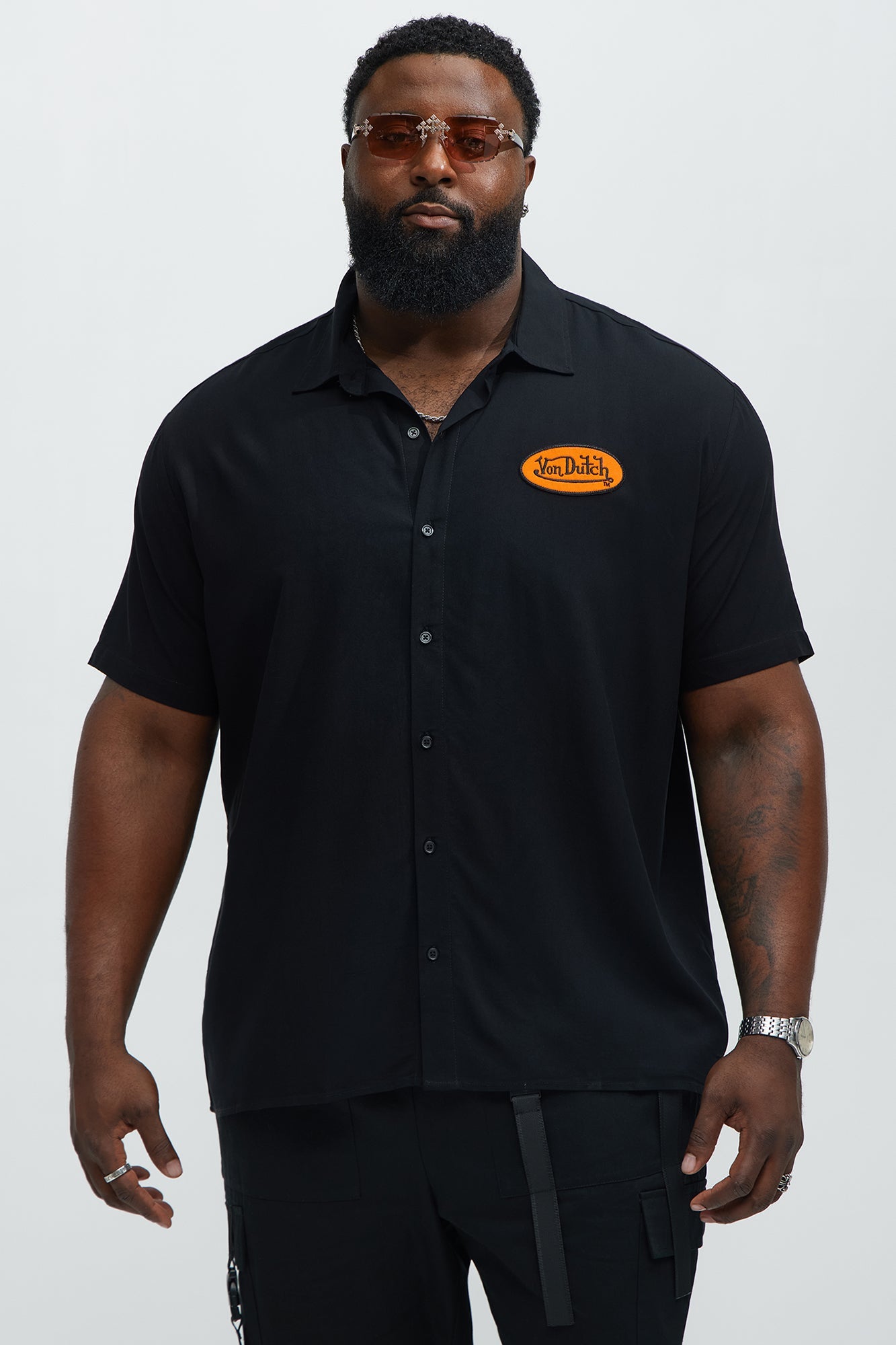 Von Dutch Front And Back Graphic Short Sleeve Button Up Shirt - Black