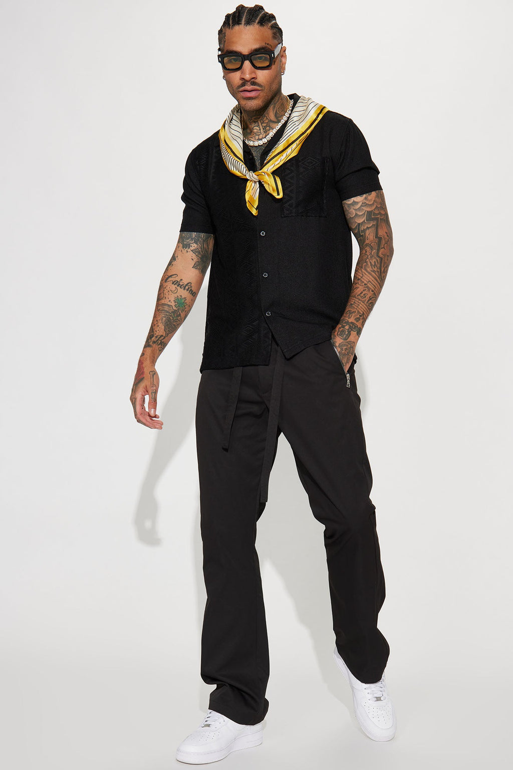 Half Crochet Pattern Short Sleeve Button Up Shirt - Black