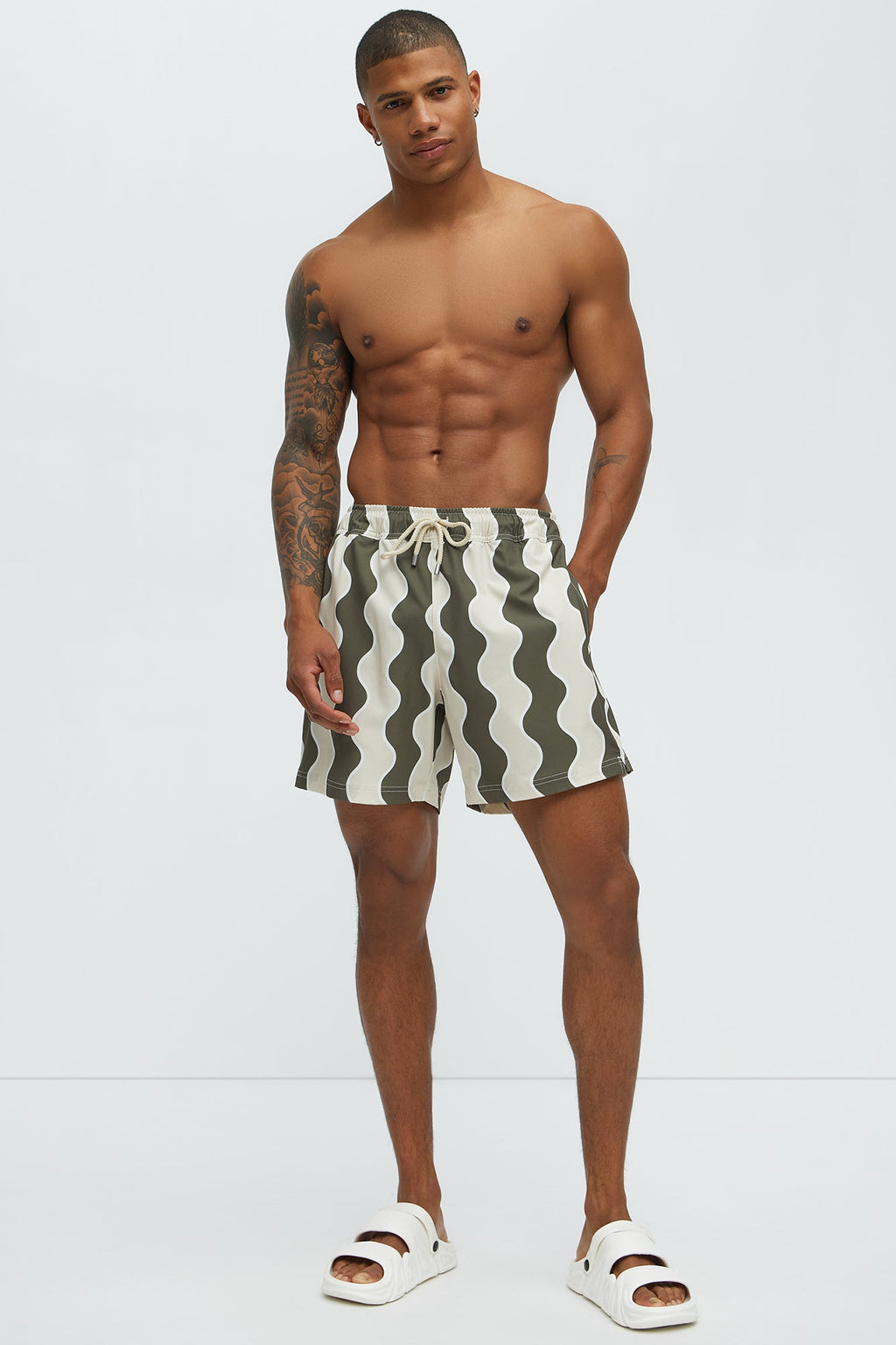 Retro Wavy Swim Mid Trunk - Olive/combo