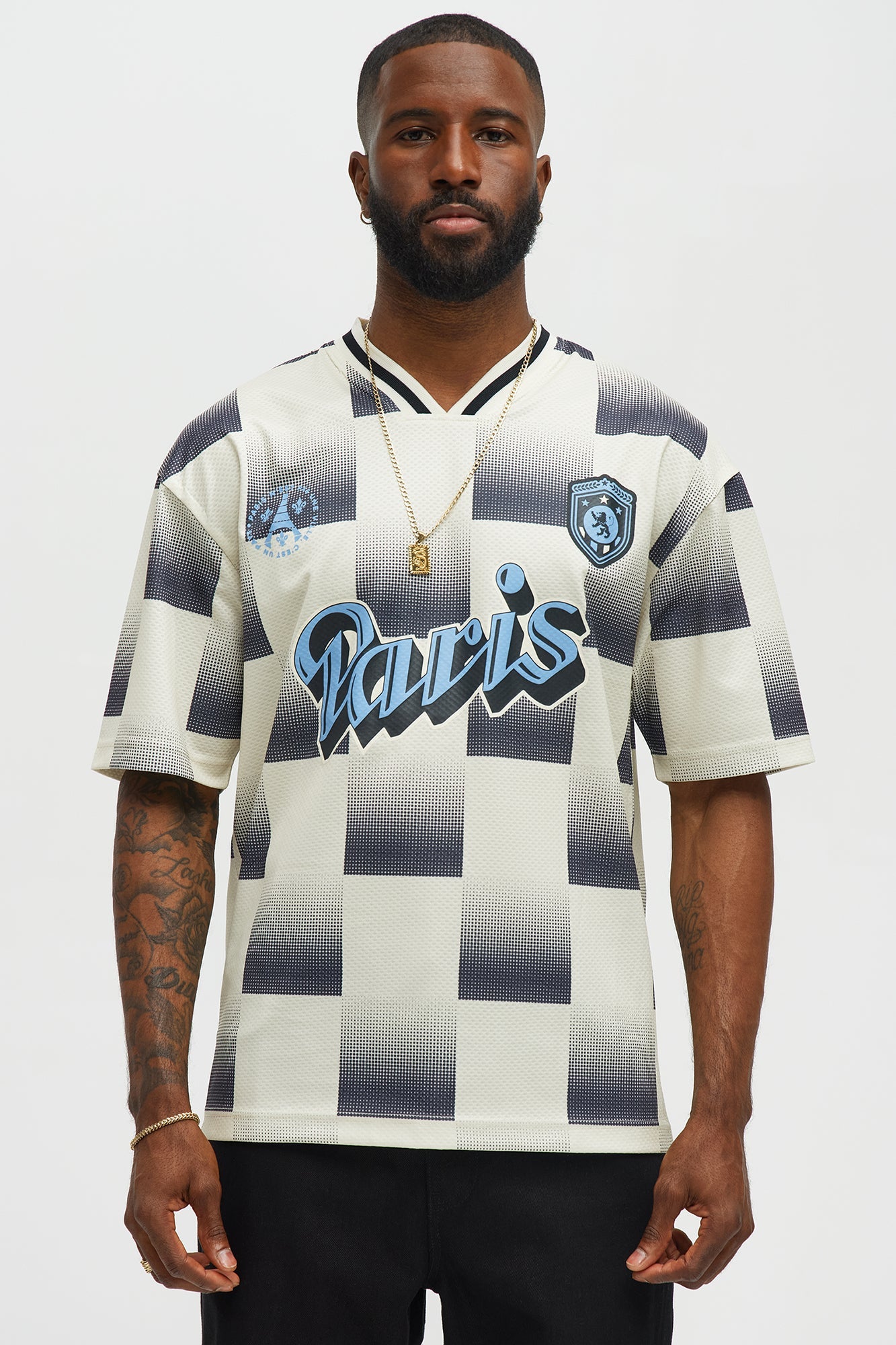 Checkered Paris Short Sleeve Soccer Jersey - Off White/combo