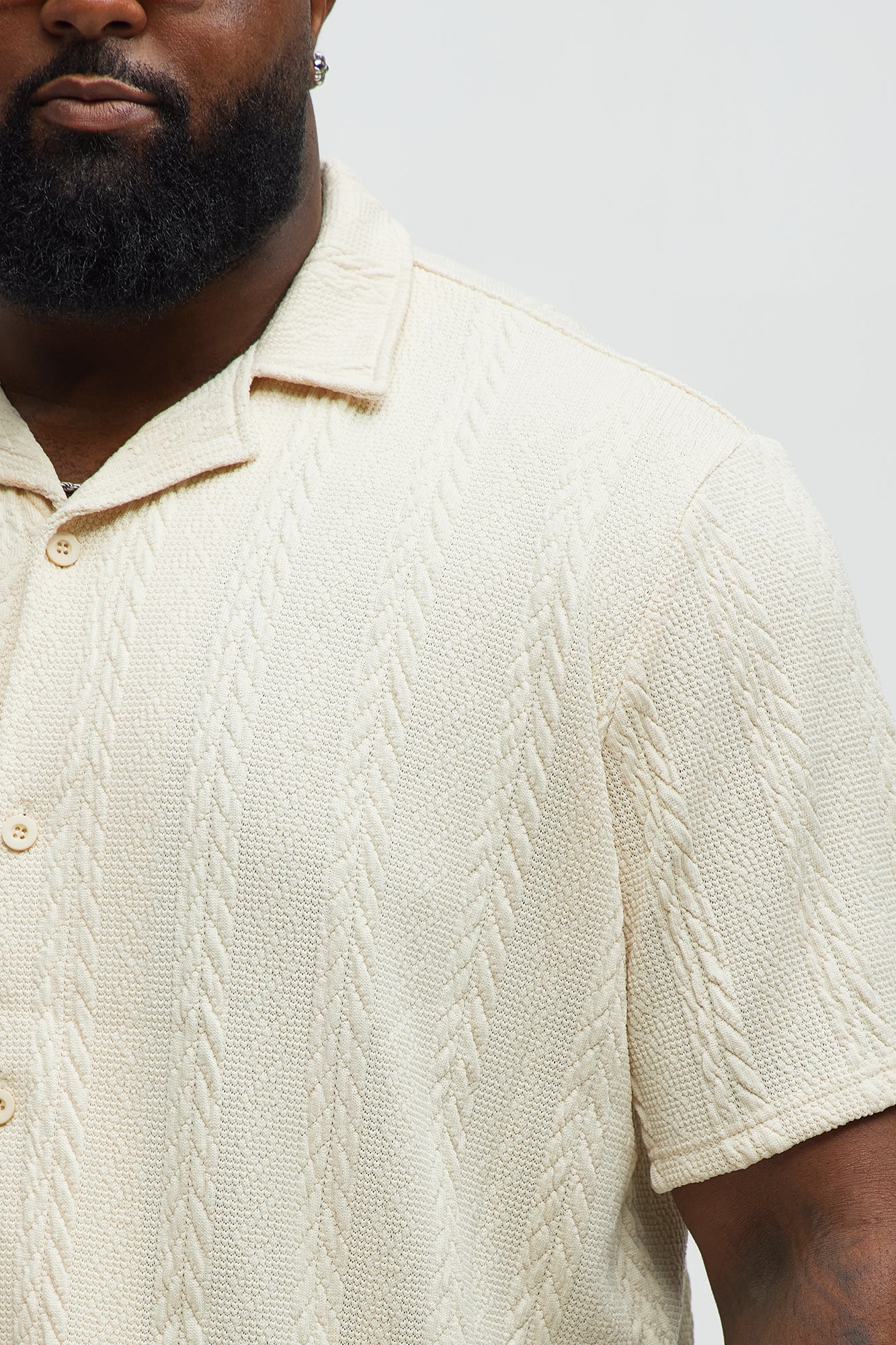 Textured Stripes Cuban Short Sleeve Button Up Shirt - Cream