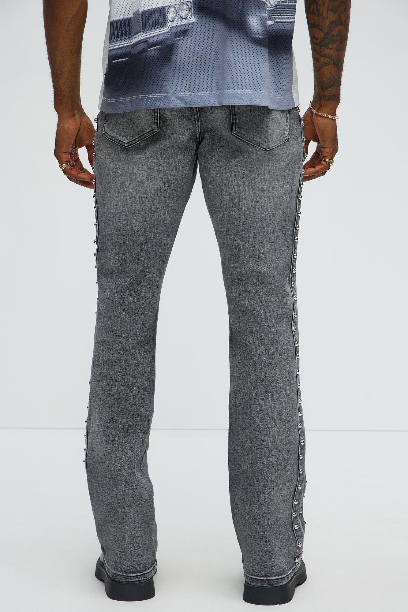 Stacked Slim Flare Stud On The Side Jeans - Black Wash
