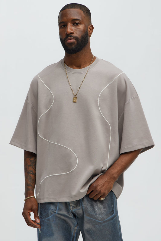 Vertical Wavy Contrast Stitch Boxy Cropped Tee - Taupe