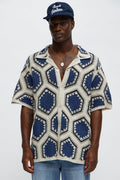 Vacay Vibes Crochet Button Up Shirt - Navy/combo
