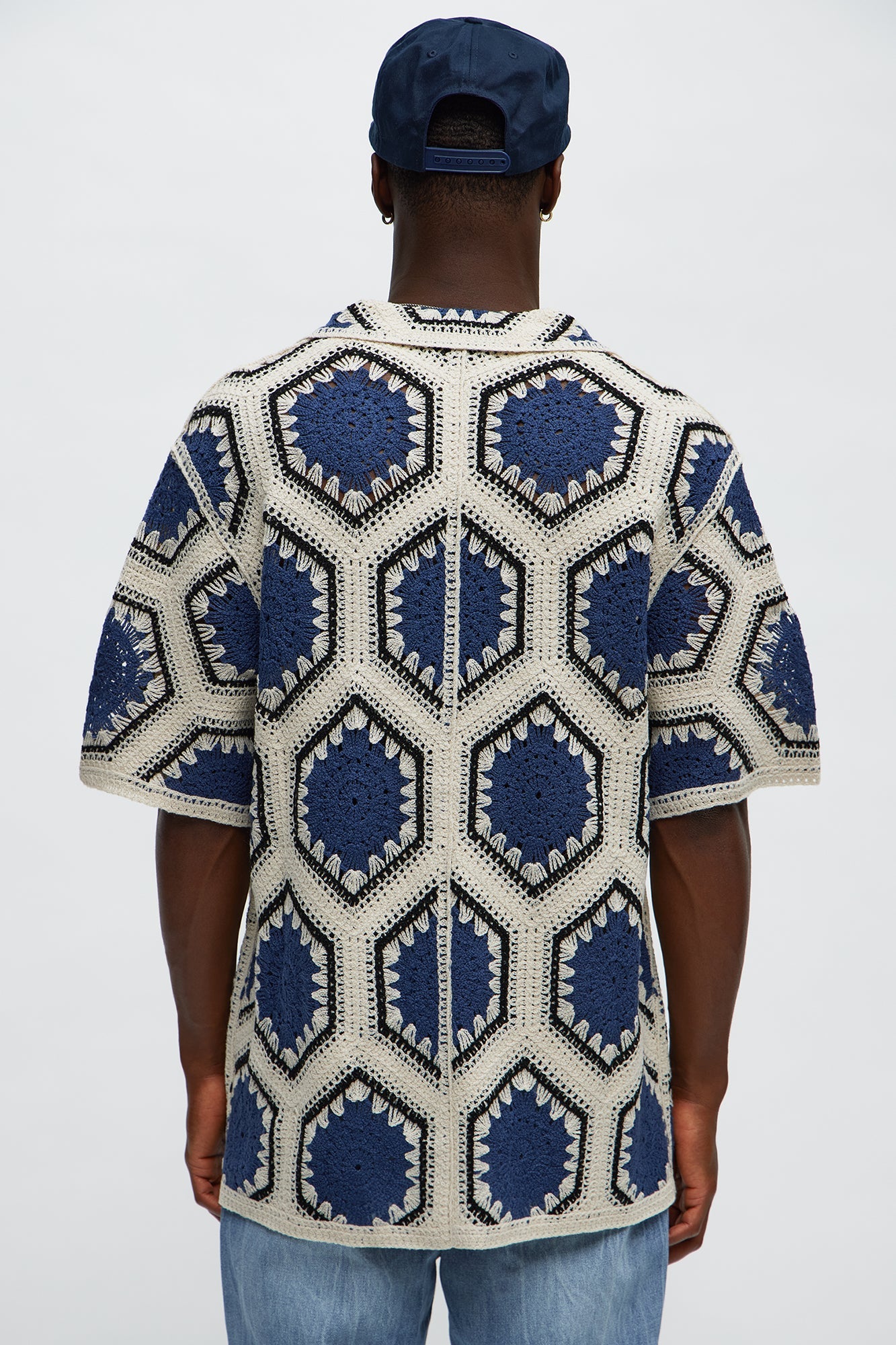 Vacay Vibes Crochet Button Up Shirt - Navy/combo