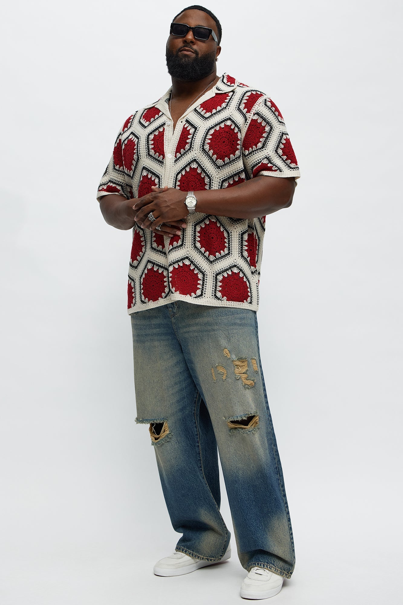 Vacay Vibes Crochet Button Up Shirt - Red/combo