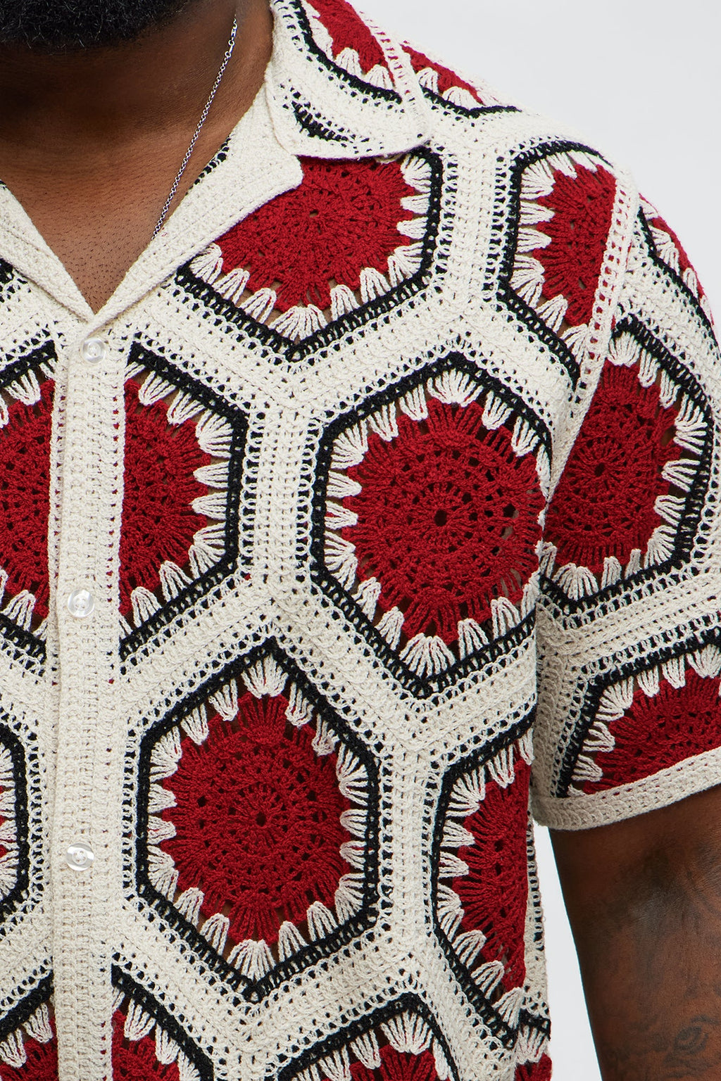 Vacay Vibes Crochet Button Up Shirt - Red/combo