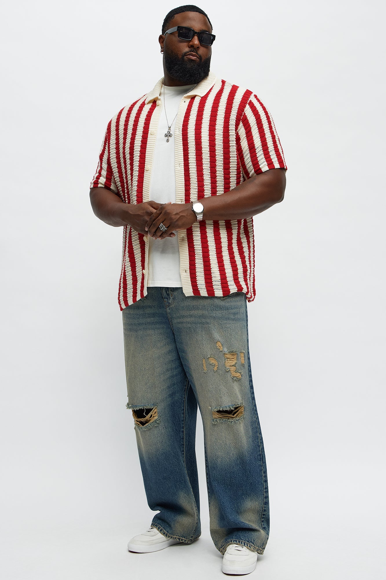 Clark Striped Knit Button up Shirt - Red/combo
