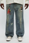 Baggy Rebel Printed Jeans - Medium Blue Wash