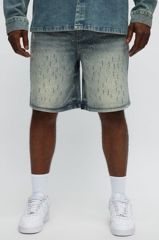 Young Star Jeweled Relaxed Denim Shorts - Medium Blue Wash