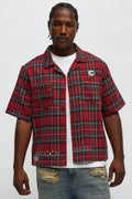 Culture Plaid Cropped Button Up Shirt - Red