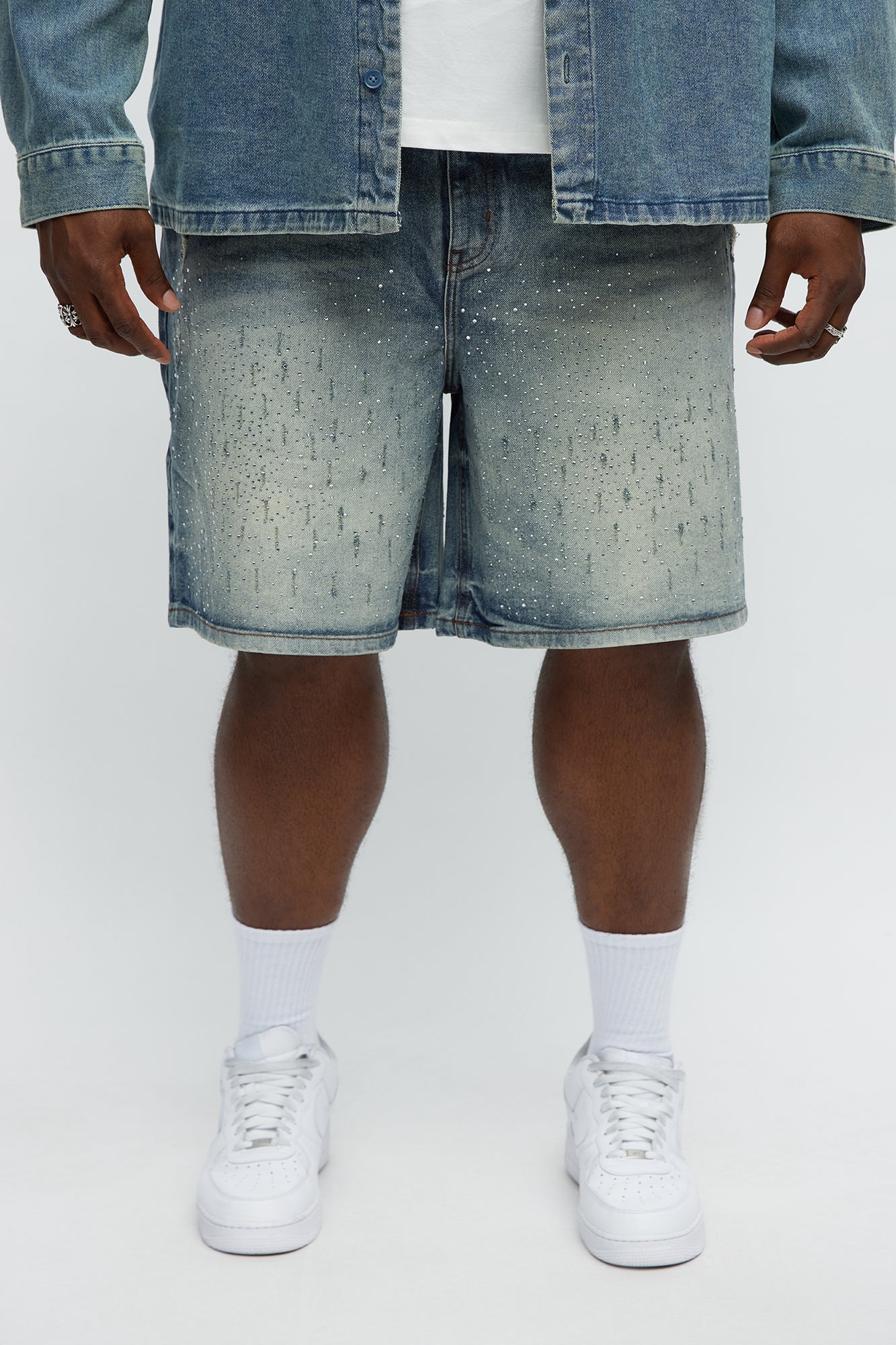 Young Star Jeweled Relaxed Denim Shorts - Medium Blue Wash