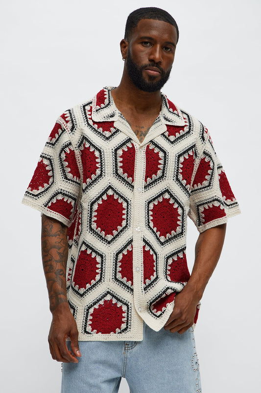 Vacay Vibes Crochet Button Up Shirt - Red/combo