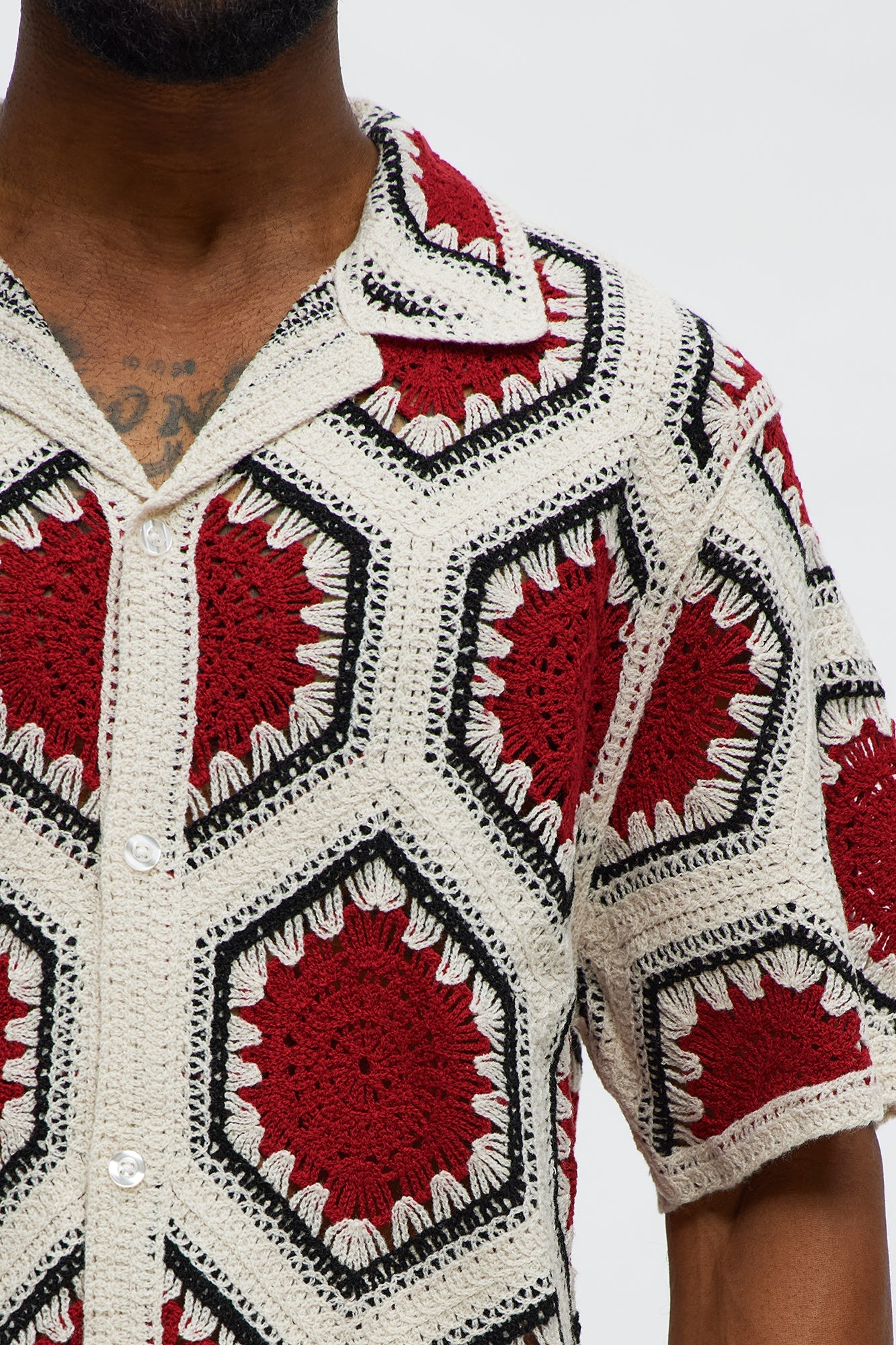 Vacay Vibes Crochet Button Up Shirt - Red/combo