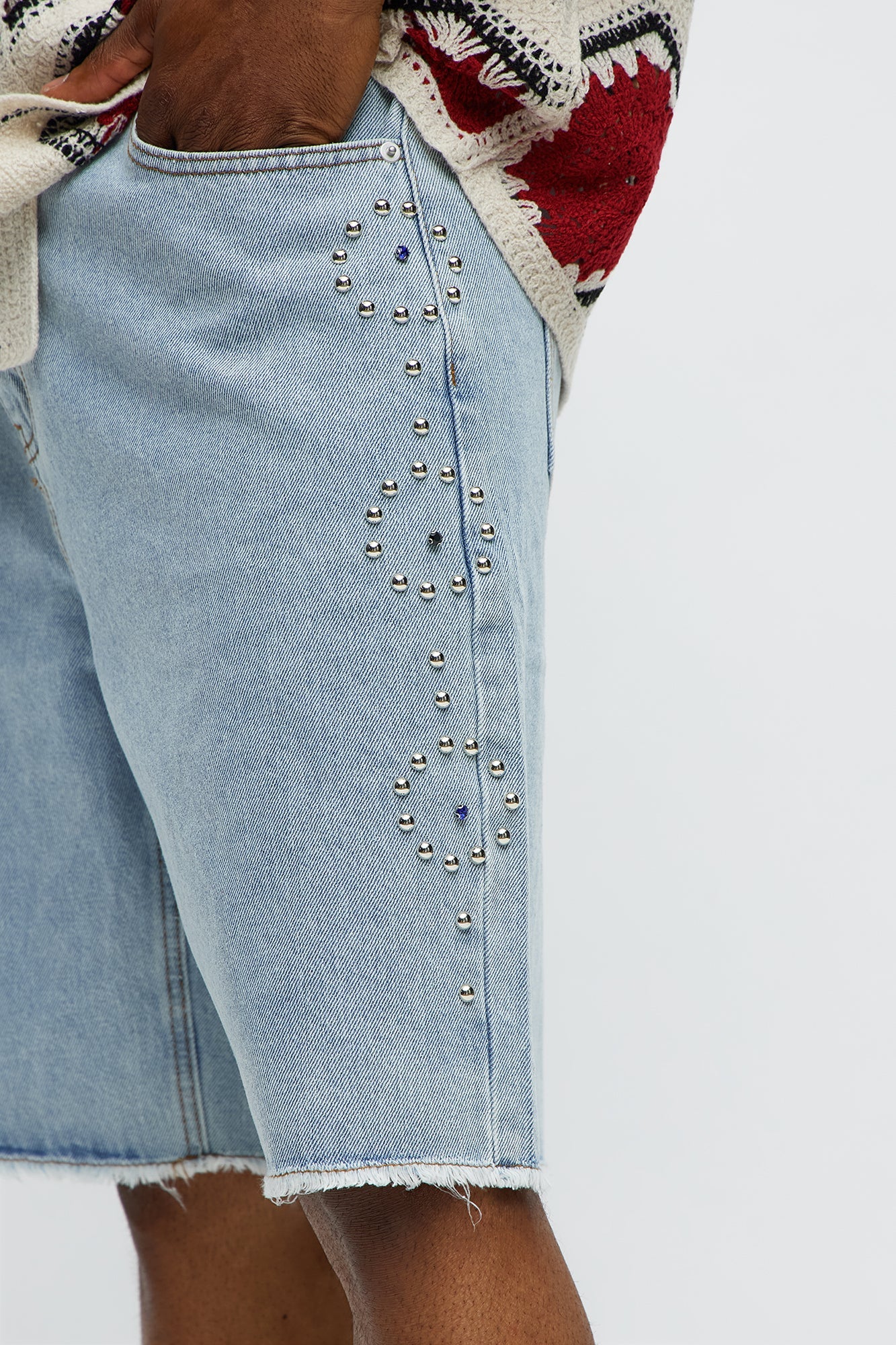Relaxed Come In Clutch Studded Denim Shorts - Light Blue Wash
